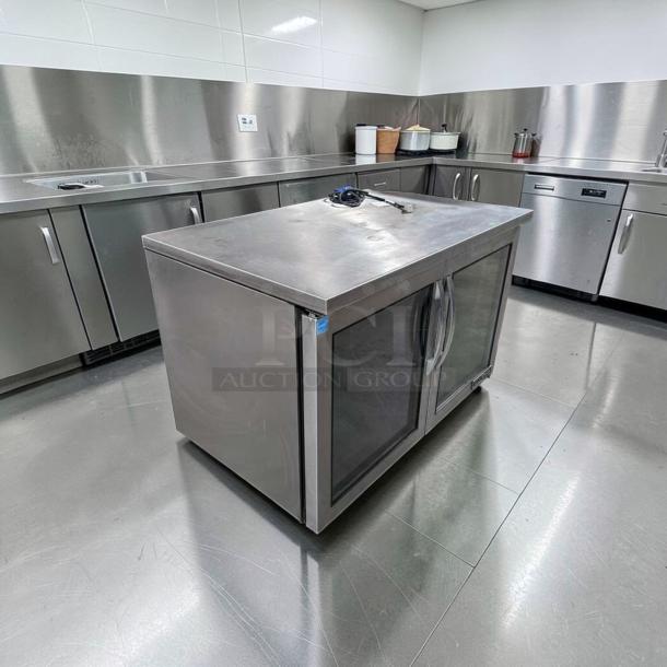 True TUC-48G-HC undercounter refrigerator, stainless steel, 48", two glass doors, excellent condition, 115V, fully tested.