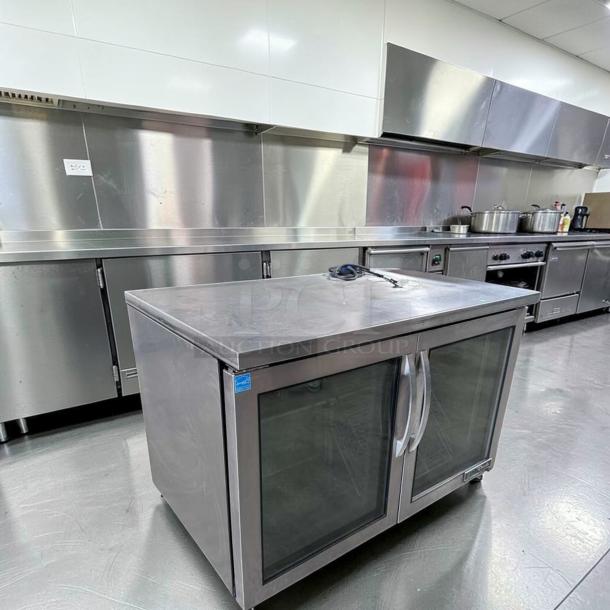 True TUC-48G-HC 48" undercounter refrigerator, stainless steel, two glass doors, excellent condition, 115V, fully tested.