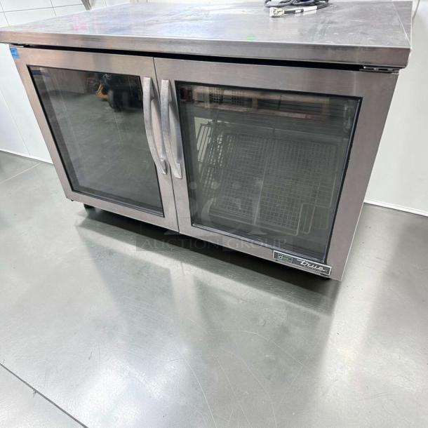 True TUC-48G-HC undercounter refrigerator, stainless steel, two glass doors, excellent condition, fully tested, 115V.