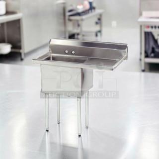 Advance Tabco FC-1-1818-18-X commercial sink with 18"x18" bowl, 18" drainboard, stainless steel, fully operational.