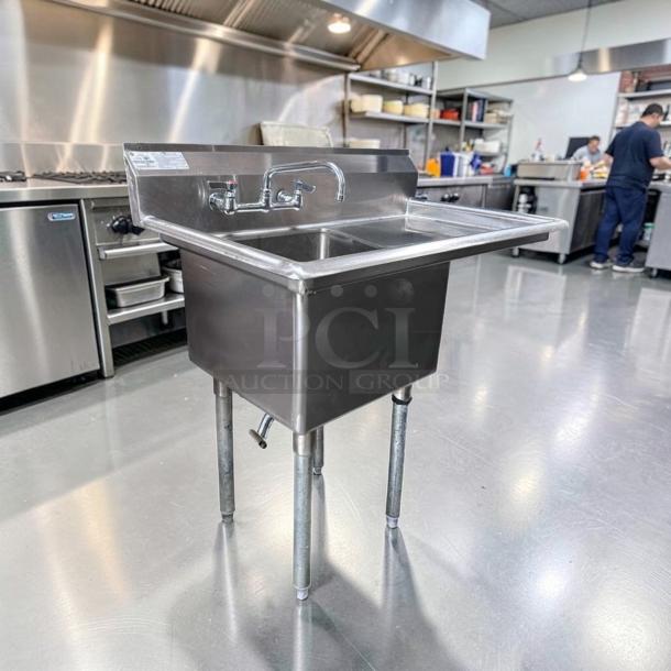 Advance Tabco stainless steel commercial sink, model FC-1-1818-18-X, with 18"x18" bowl, 18" drainboard, in excellent condition.