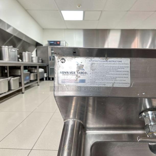 Advance Tabco FC-1-1818-18-X commercial sink, stainless steel, 18"x18" bowl, 18" drainboard, labeled cleaning instructions.