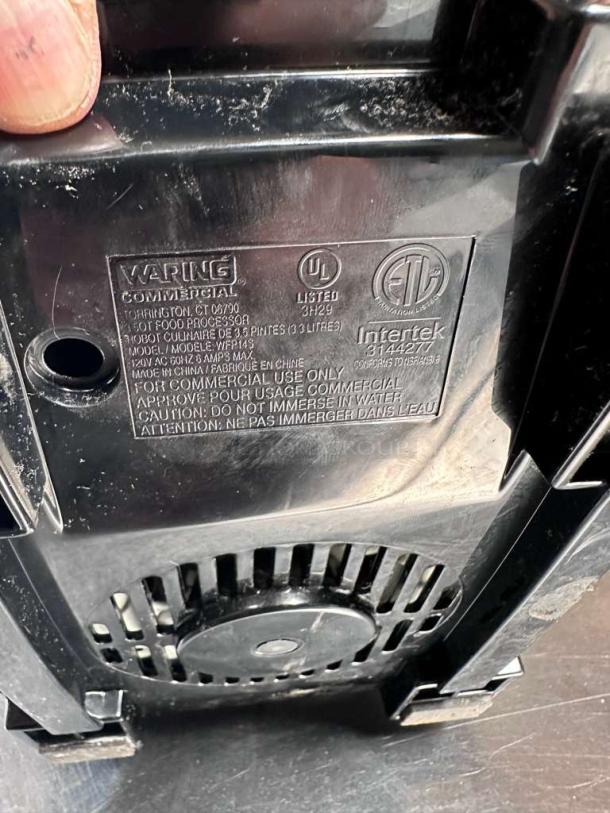 Waring WFP14S commercial food processor label, UL and Intertek certified, 120V, model WFP14S, for commercial use only.