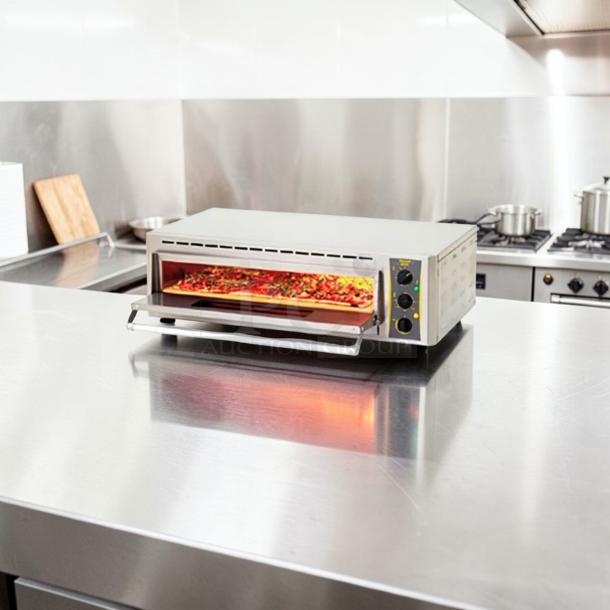 Superior condition Equipex PZ-4302D Sodir countertop pizza deck oven, commercial electric, 208–240V, fully tested.