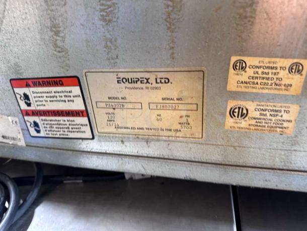 Equipex PZ-4302D countertop pizza deck oven labels showing model, serial number, voltage, and certifications.