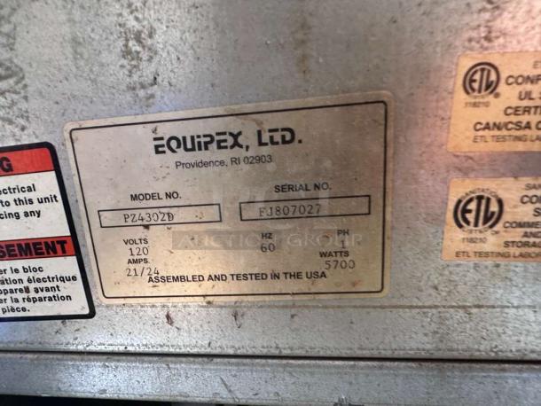 Equipex PZ-4302D label showing model, serial number FJ807027, voltage 120V, 5700W, assembled in USA.