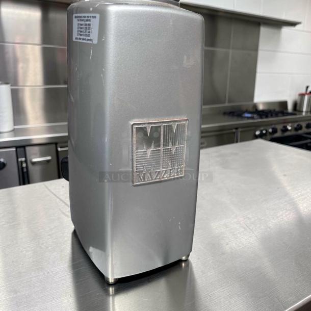 Mazzer Super Jolly V Up Electronic espresso grinder in exceptional condition, silver finish, 120V, fully tested, Mazzer logo visible.