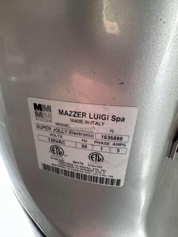 Mazzer Super Jolly V Up Electronic, commercial espresso grinder, 120V, excellent condition, model label details visible.