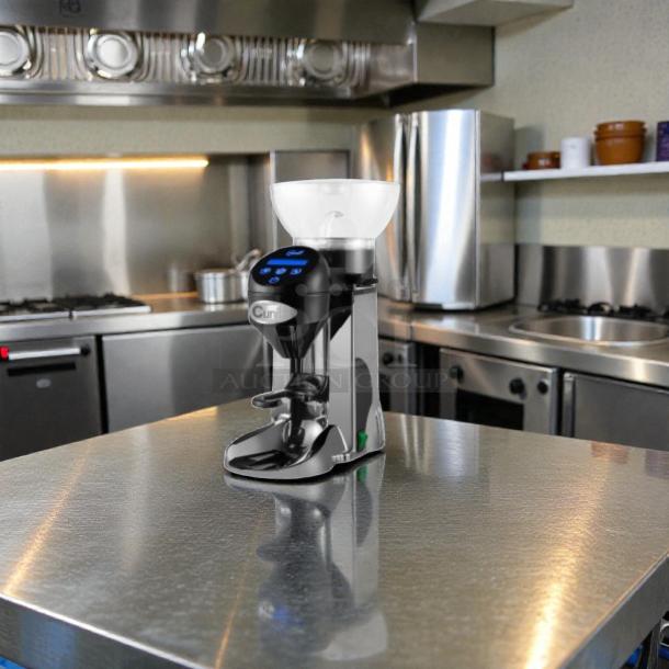 Cunill Tranquilo-Tron espresso grinder, digital interface, silent system, exceptional condition, fully tested, on kitchen counter.