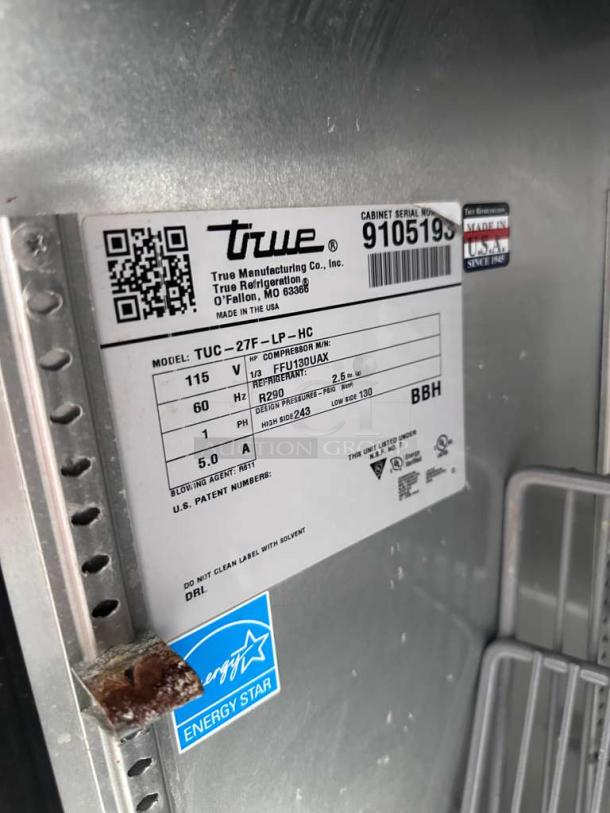 Alt text: Superior Condition True TUC-27F-LP-HC 27" Undercounter Freezer, left hinge, stainless steel, 115V, Energy Star rated, fully tested.
