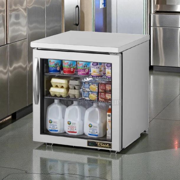 True TUC-27G-LP-HC~FGD01 undercounter refrigerator, stainless steel, glass door, tested, operational, 115V, outstanding condition.