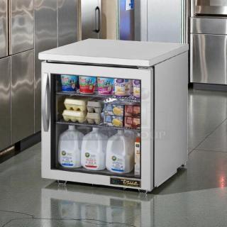 True TUC-27G-LP-HC~FGD01 undercounter refrigerator, stainless steel, glass door, tested, operational, 115V, outstanding condition.