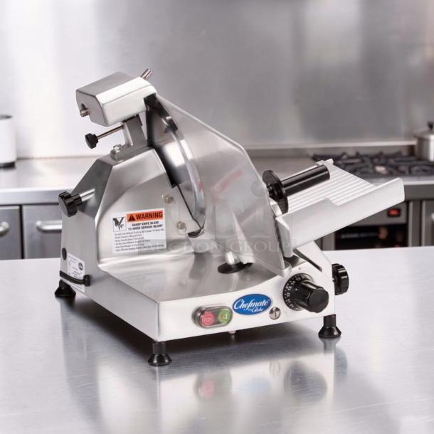 Globe C10 Chefmate meat slicer, 10" blade, stainless steel, excellent condition, belt-driven, fully operational, 115V.