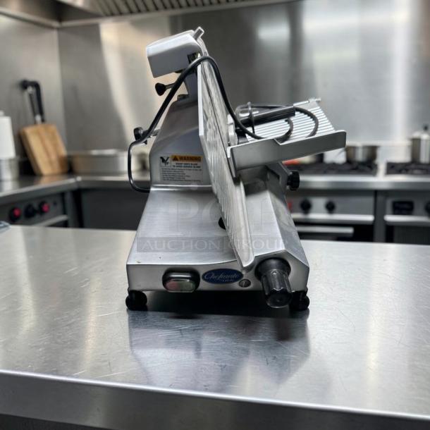 Globe C10 Chefmate manual meat slicer with 10" blade, stainless steel, top-tier condition, belt-driven, fully operational.