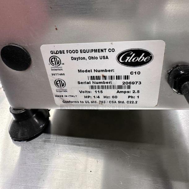 Globe C10 Chefmate meat slicer, 10" blade, belt-driven, 1/4 HP, stainless steel, 115V, excellent condition, fully tested.