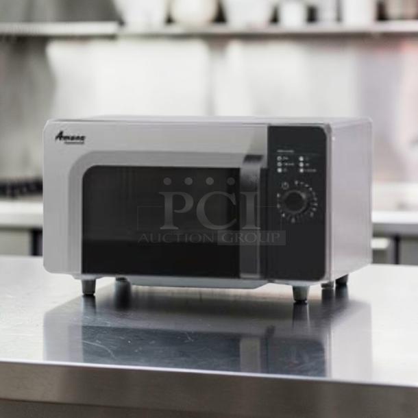 Exceptional condition Amana RMS10DSA commercial microwave oven, 1000W, dial controls, heavy-duty stainless steel, 120V.