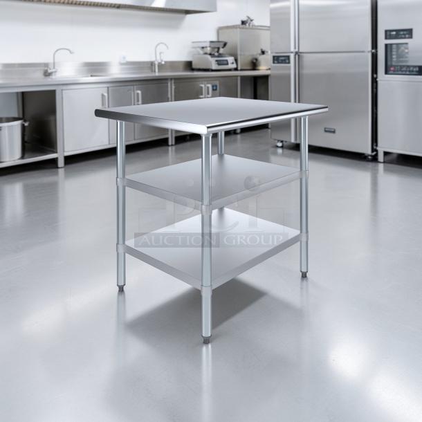 34" x 34" stainless steel commercial work table with double shelf, heavy-duty for food prep, superior condition.