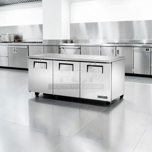 True TUC-72-HC ADA 72" undercounter refrigerator, stainless steel, three doors, exceptional condition, fully tested.