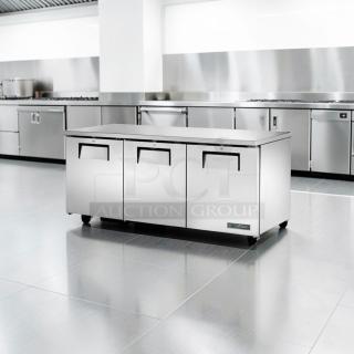 True TUC-72-HC ADA 72" undercounter refrigerator, stainless steel, three doors, exceptional condition, fully tested.