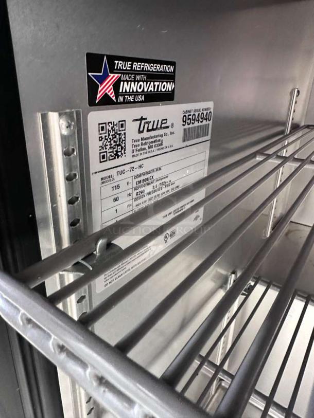 True TUC-72-HC ADA 72" undercounter refrigerator, stainless steel, 3 doors, exceptional condition, model label visible.