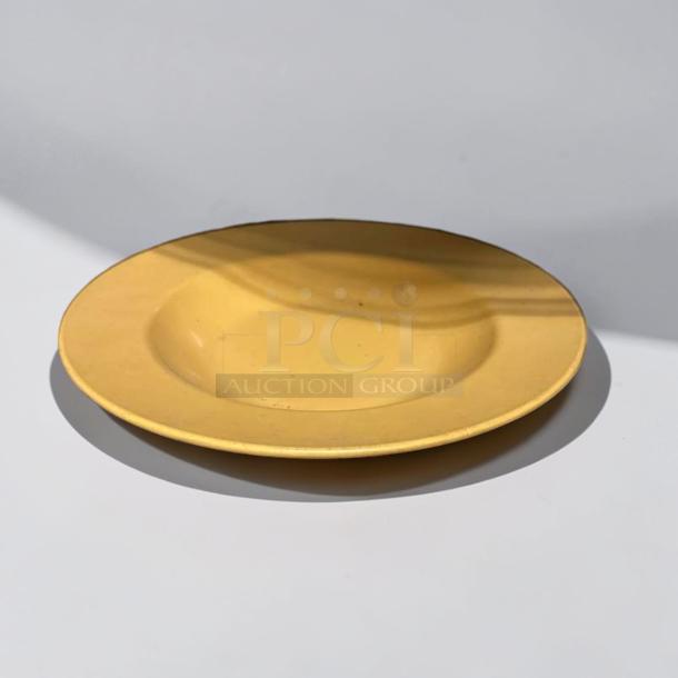 Yellow melamine plate, excellent condition, durable commercial dinnerware, heavy-duty, ideal for restaurant use.
