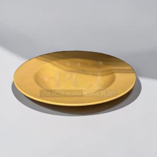 Yellow melamine plate, excellent condition, durable commercial dinnerware, heavy-duty, ideal for restaurant use.