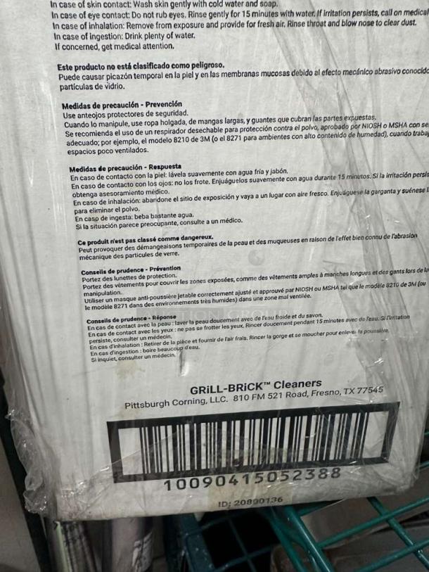 Brand new Grill Brick cleaning block in packaging. Heavy-duty, 8" x 4" x 3.5", removes grease, NSF certified. Model GRL-S-BRK-0829.