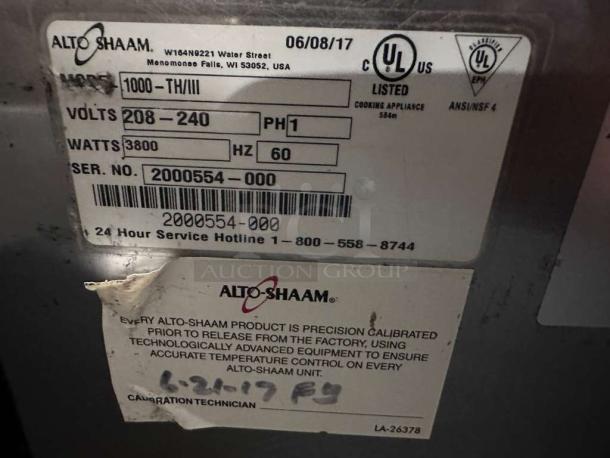 Alto-Shaam 1000-TH/II Halo Heat® Cook & Hold Oven label, showing model, voltage 208-240V, watts 3800, UL listed.