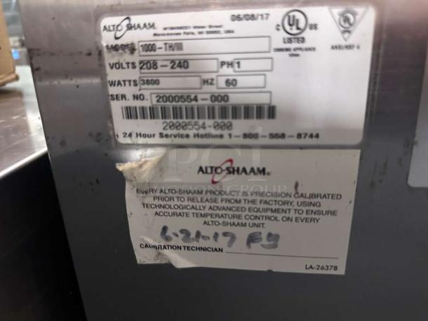 Alto-Shaam 1000-TH/II Halo Heat Cook & Hold Oven, half size, 208-240V, commercial, tested, serial 2000554-000, calibration tag.
