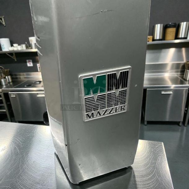 Mazzer Major V Automatic Espresso Grinder, silver with logo, prime condition, commercial use, fully operational, 110V, Italy.