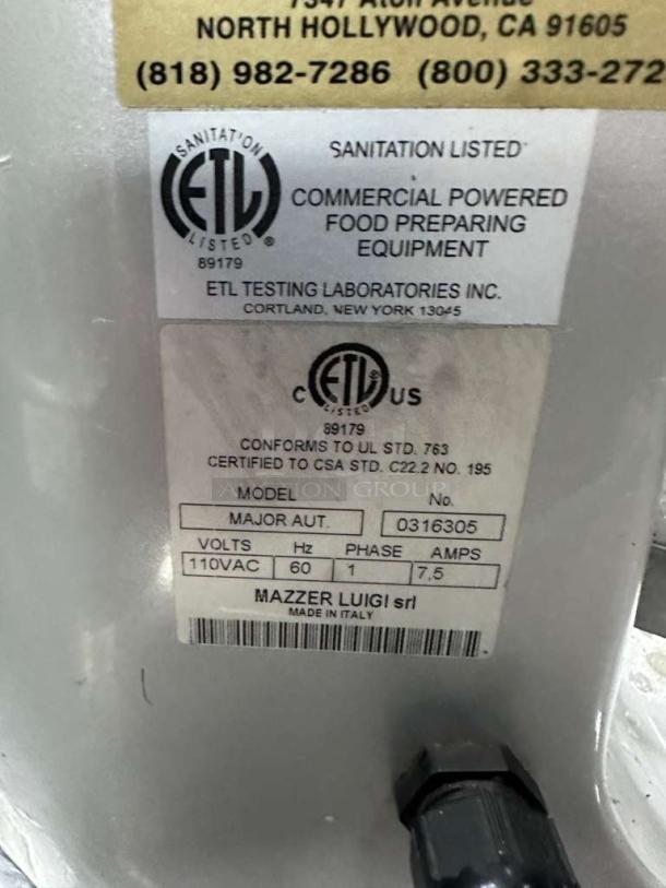 Mazzer Major V Automatic Espresso Grinder label, 110V, ETL certified, commercial use, model details, made in Italy.