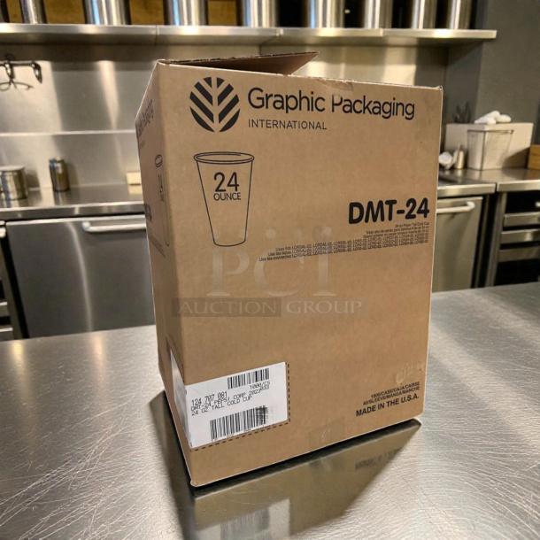 Case of Graphic Packaging 24 oz Tall Cold Cups, model DMT-24, Champagne design, new condition, bulk packaging.