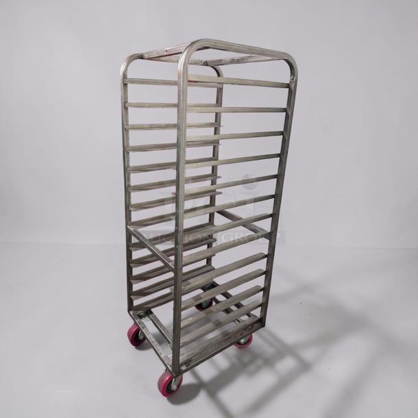 Commercial stainless steel bun pan rack, mobile, heavy-duty. Superior condition, fully operational, red wheels. Model RACK-S-BUN-0834.
