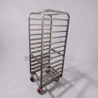 Commercial stainless steel bun pan rack, mobile, heavy-duty. Superior condition, fully operational, red wheels. Model RACK-S-BUN-0834.