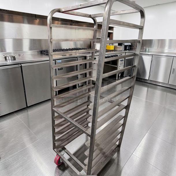 Commercial stainless steel bun pan rack, heavy-duty, mobile with red wheels. Superior condition, fully tested, unbranded.