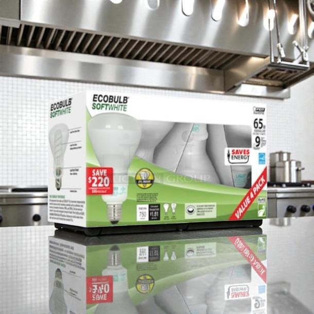 Feit Electric ESL15BR30/4/ECO BR30 soft white CFL light bulbs, 4-pack, 65W equivalent, energy-saving, new condition.