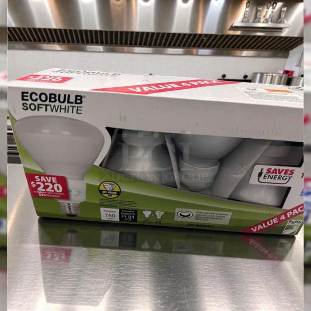 Feit Electric ESL15BR30/4/ECO BR30 Soft White CFL bulbs, 4-pack, 65W equivalent, energy-saving, new condition, in box.