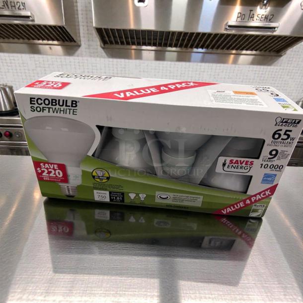Feit Electric ESL15BR30/4/ECO soft white CFL light bulbs, 4-pack, 65W equivalent, energy-saving, new in box.