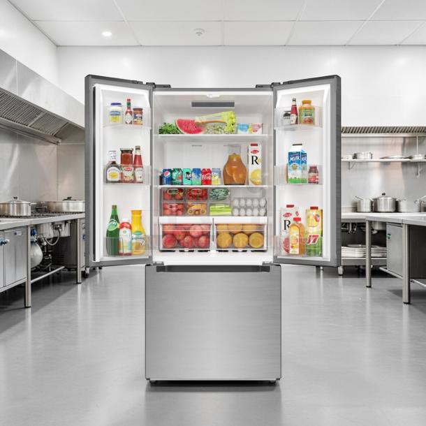 Brand new KoolMore KM-RERFDSS-18C stainless steel French door refrigerator, 18.5 Cu. Ft., energy-efficient, modern design.