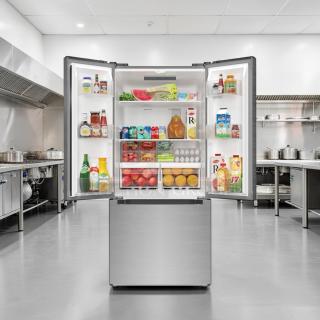 Brand new KoolMore KM-RERFDSS-18C stainless steel French door refrigerator, 18.5 Cu. Ft., energy-efficient, modern design.