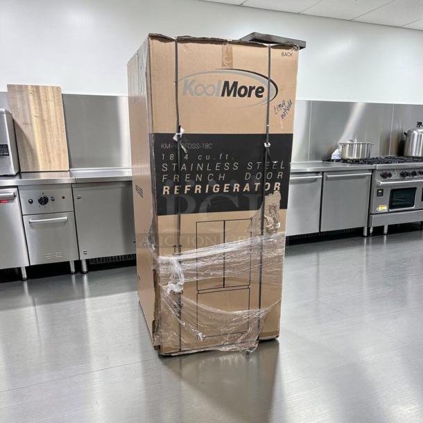 Brand new KoolMore KM-RERFDSS-18C stainless steel French door refrigerator in box, 18.5 cu. ft., energy efficient.