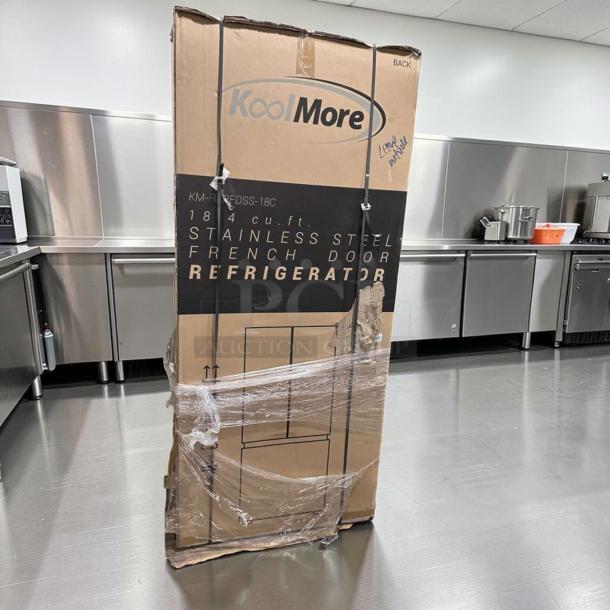 Brand new KoolMore KM-RERFDSS-18C stainless steel French door refrigerator, 18.5 cu. ft., boxed with packaging intact.