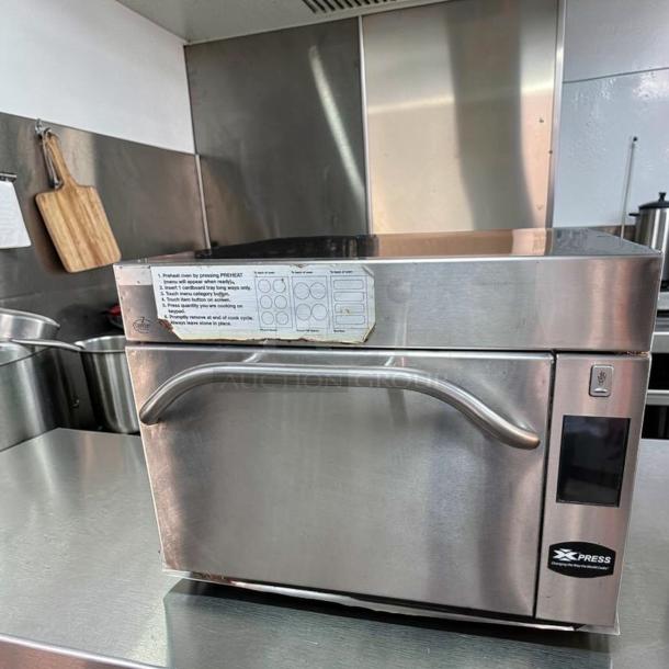Amana AXP20 commercial microwave convection oven, 1.38 cu. ft., stainless steel, Xpress/TurboChef technology, fully operational.