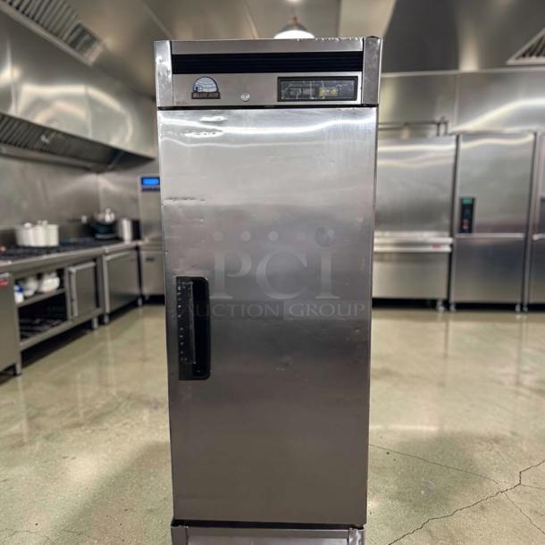Blue Air BSR23-HC stainless steel reach-in refrigerator, 26", 23 cu. ft., bottom mount, commercial grade, excellent condition.