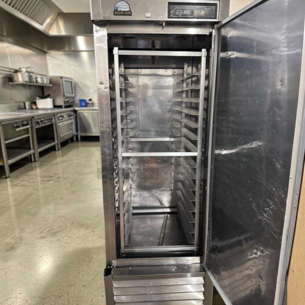 Blue Air BSR23-HC stainless steel reach-in refrigerator, 23 Cu. Ft., single section, bottom mount, commercial grade, open door.