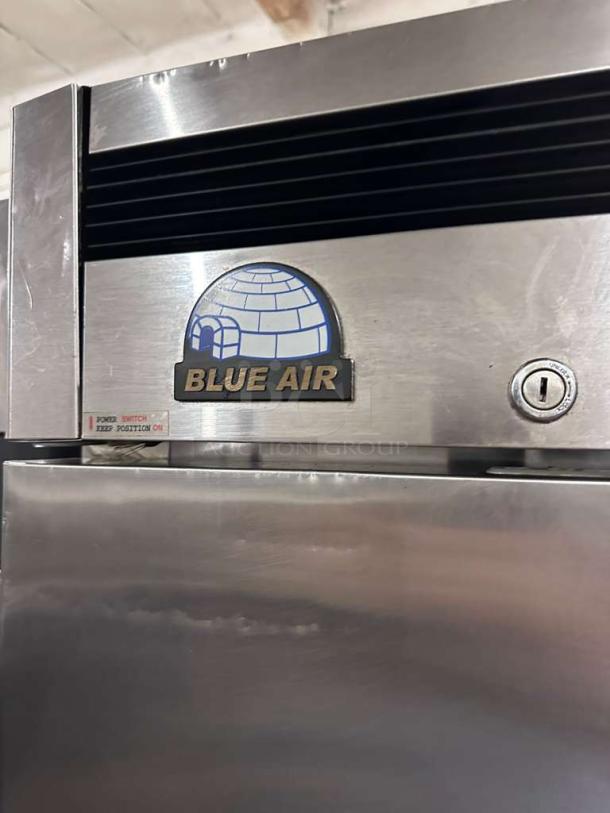 Blue Air BSR23-HC stainless steel reach-in refrigerator, 26" single section, 23 Cu. Ft., bottom mount, model label visible.