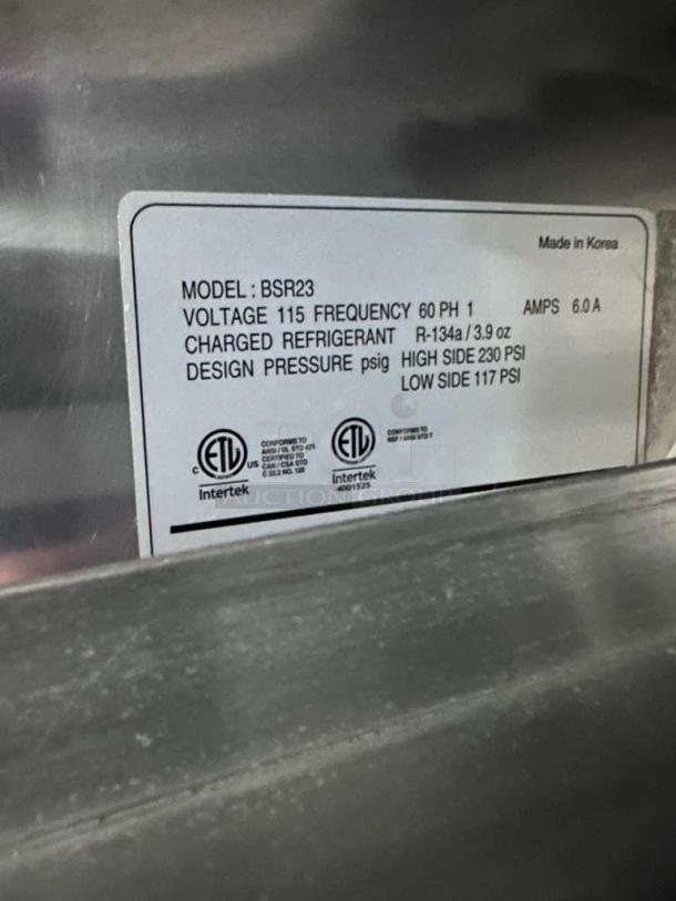 Blue Air BSR23-HC refrigerator label shows model, voltage, and specifications. Made in Korea. ETL certified.