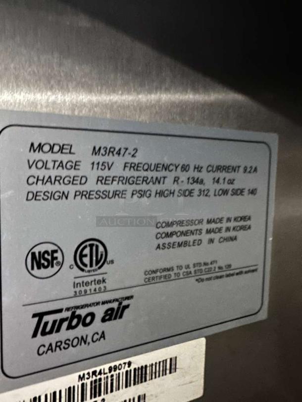 Turbo Air M3R47-2 Reach-In Refrigerator; Stainless Steel; 115V; dual solid doors; NSF & ETL certified; fully tested, operational.