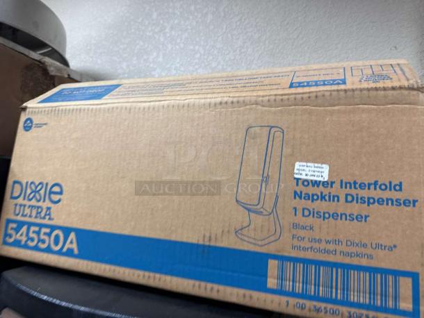 Georgia-Pacific Dixie Ultra 54550A napkin dispenser in box; black tower design, 1000 capacity, new condition, model details visible.