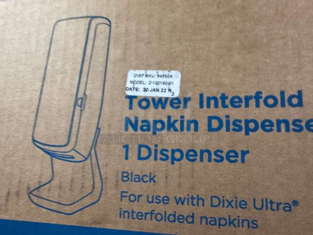 Black Dixie Ultra 54550A interfold napkin dispenser in box, 1000 capacity, for commercial use. Tested, operational, new condition.